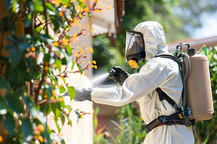 Worker exterminator spraying pesticide for termite control and pest.